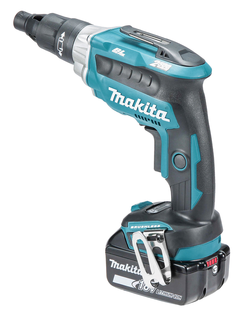 A cordless Makita power screwdriver with a teal and black design, brushless motor, and 18V battery fitted at the base.