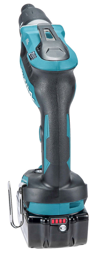 Cordless power drill upright, viewed from the back, teal and black design, battery pack with charge indicator, metal belt clip on side.