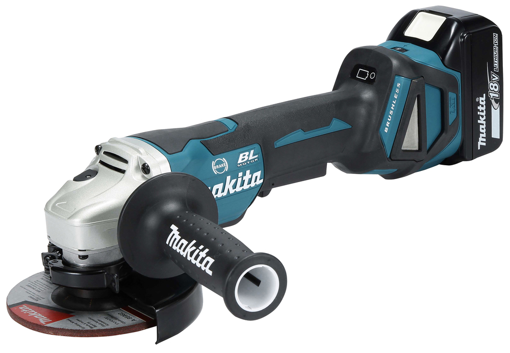A cordless Makita angle grinder with an 18V lithium-ion battery, side handle, and grinding disc attached on a white background.