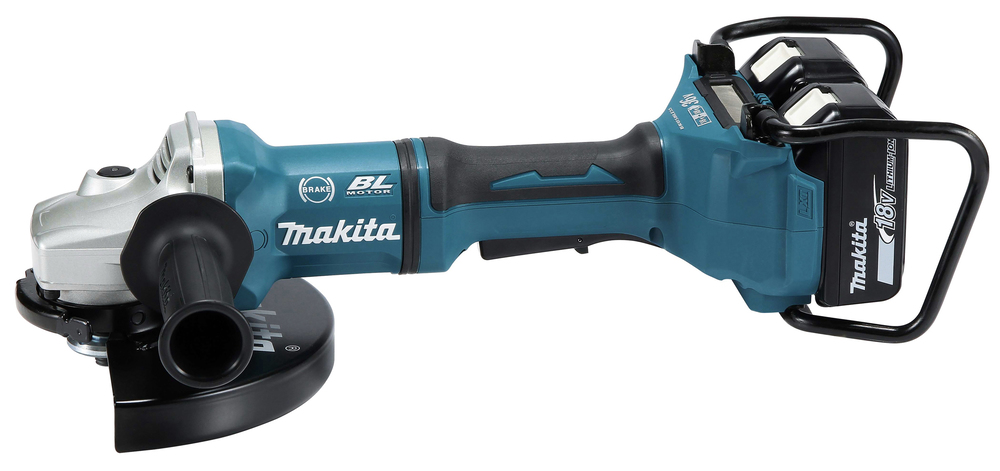 A blue cordless Makita angle grinder with two 18V lithium-ion batteries, a side handle, and a protective blade guard.
