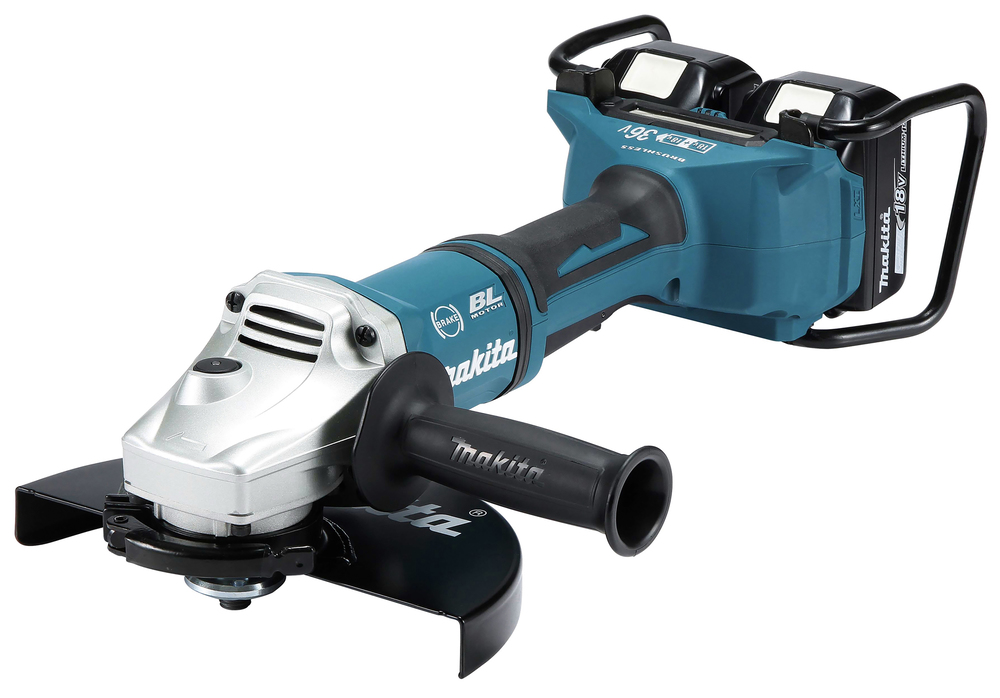 A blue and black Makita cordless angle grinder with a side handle, protective guard, and two battery packs attached at the back.