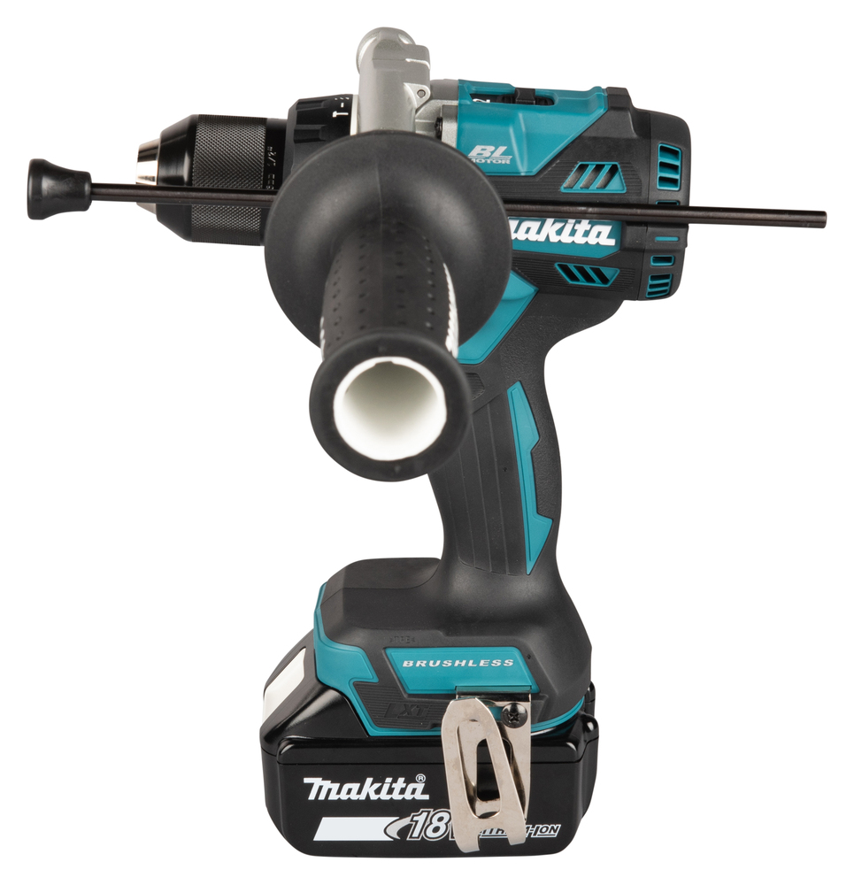 A Makita 18V cordless brushless power drill with side handle and rod, front view. Teal and black design with branding visible.