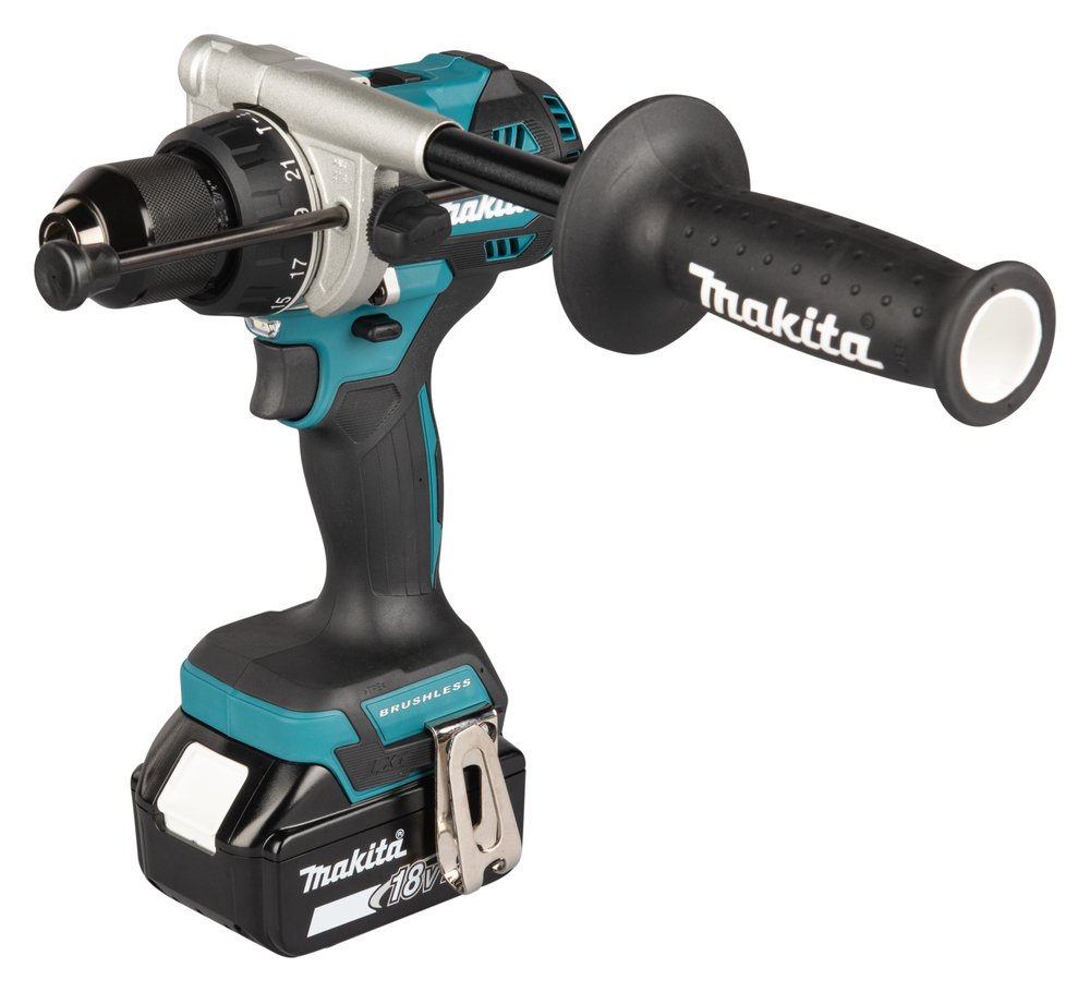 A Makita cordless power drill with an 18V battery, side handle, and ergonomic grip in a black and teal design.