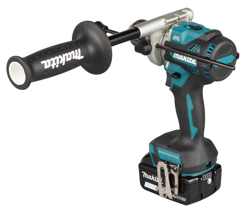 A cordless Makita brushless power drill with a side handle, battery pack, black and teal design, and a metal belt clip.