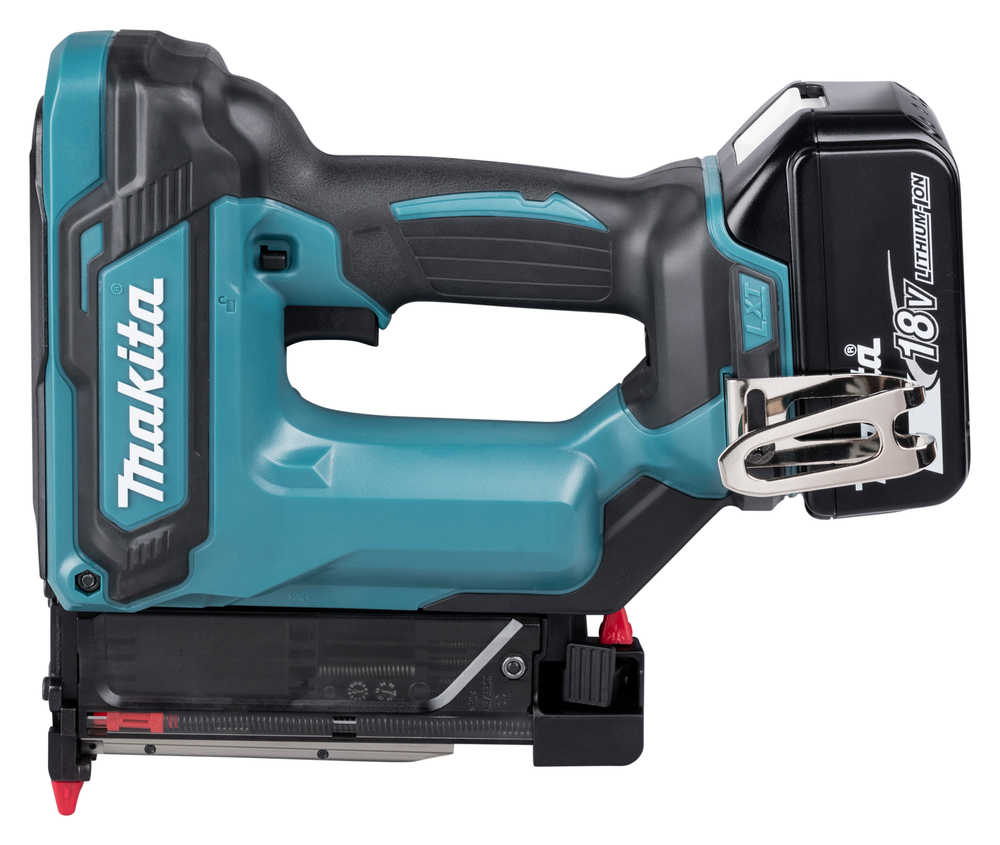 A blue and black Makita cordless nail gun with an 18V lithium-ion battery, seen from the side with belt hook and nail magazine visible.