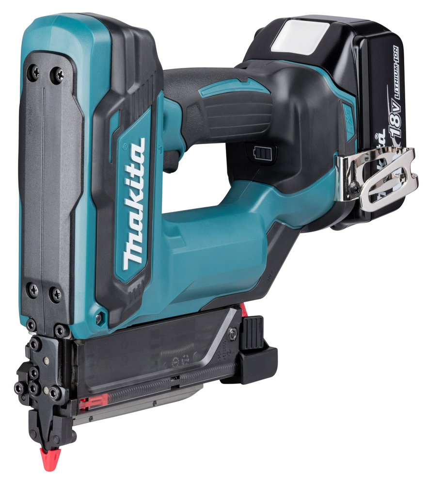 A teal and black Makita cordless nail gun with a battery pack attached, metal belt clip, and brand logo visible on the side.