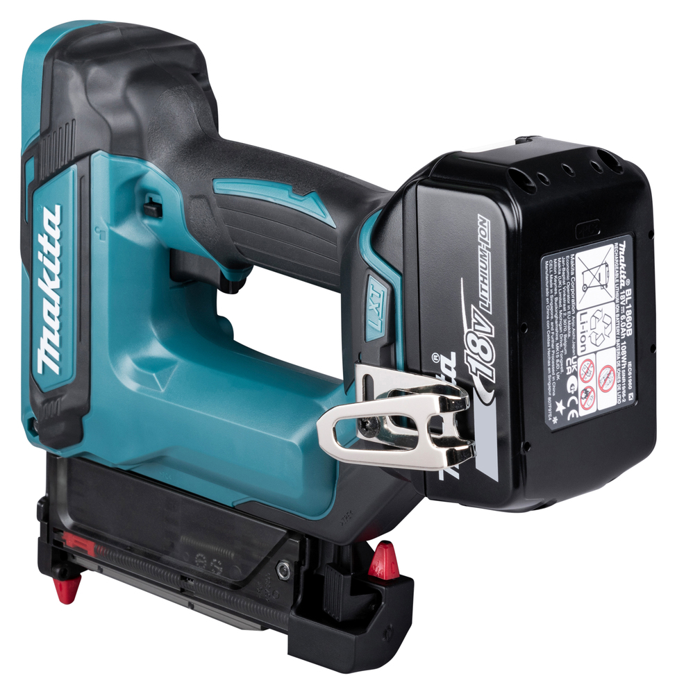 A teal and black Makita 18V lithium-ion cordless nail gun is shown from a side angle on a white background.