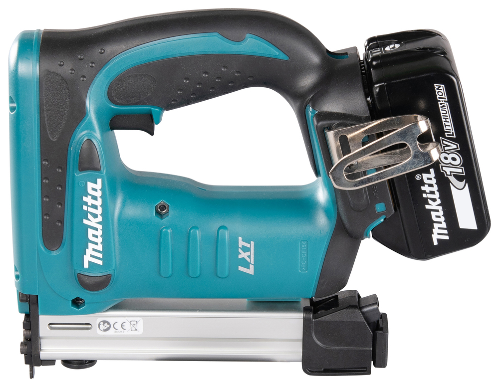 A Makita 18V cordless nail gun with a teal and black body, visible battery pack, metal belt clip, and nail magazine.