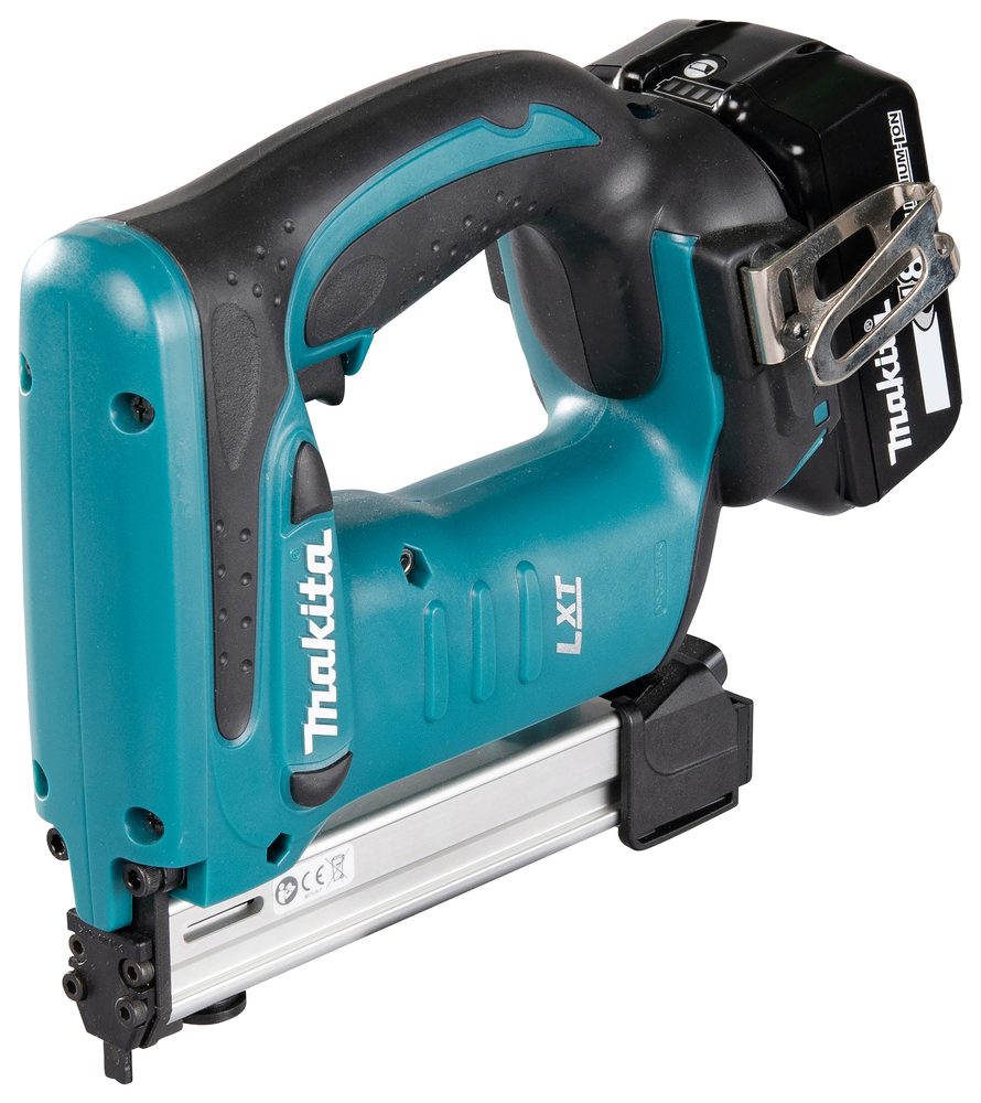 A blue and black Makita LXT cordless nail gun with a metallic nail cartridge and a battery fitted at the back.