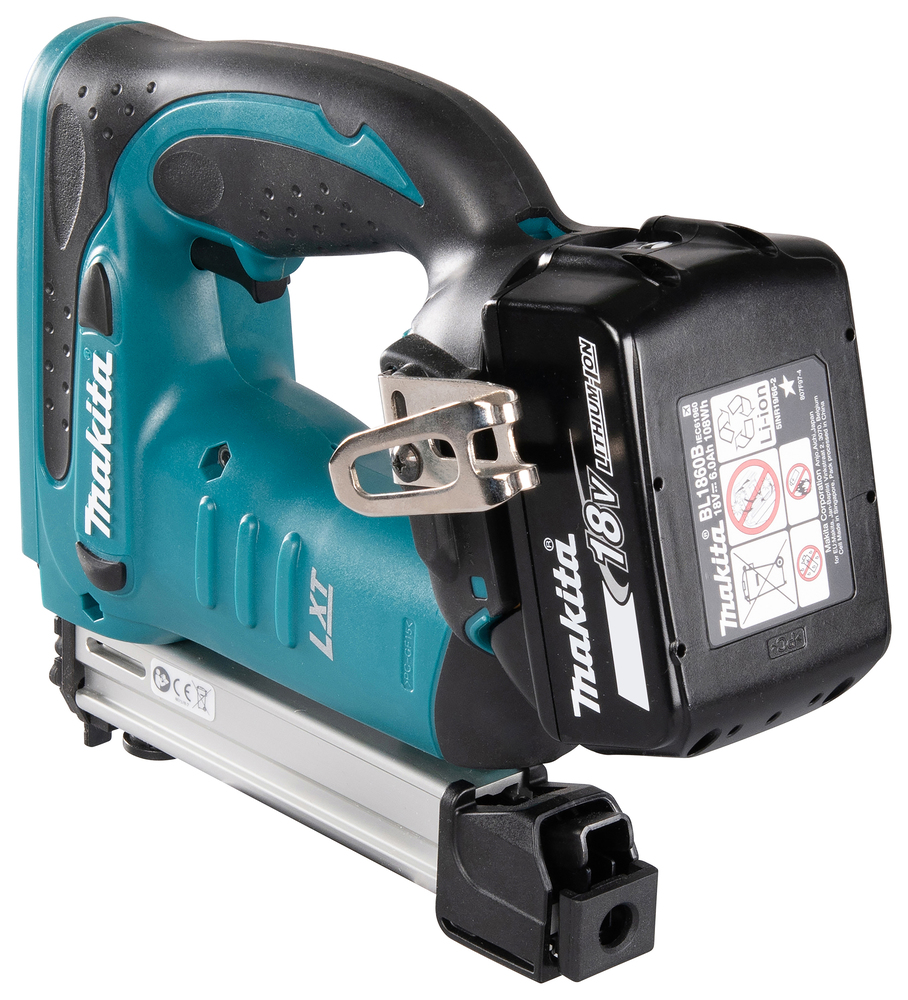 A Makita cordless 18V lithium-ion nail gun with a blue and black body, metal clip, and battery pack shown angled from the side.