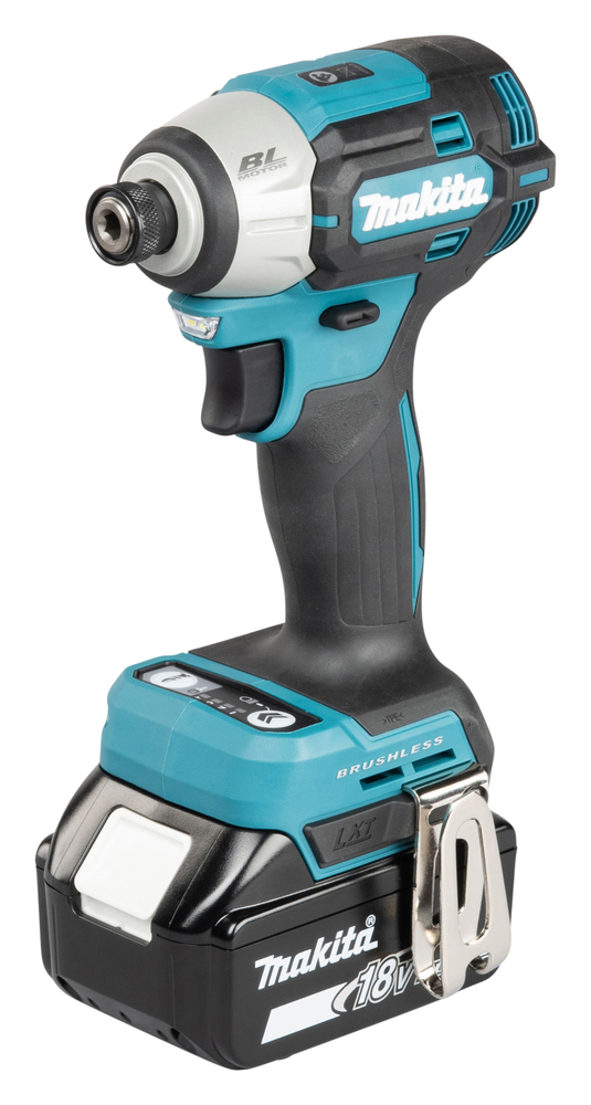 A teal and black Makita 18V cordless brushless impact driver with battery and side belt clip, shown on a white background.