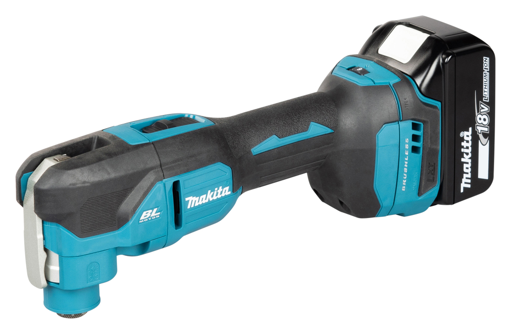 A Makita 18V cordless multi-tool with a black and teal body and detachable battery pack, angled on a white background.