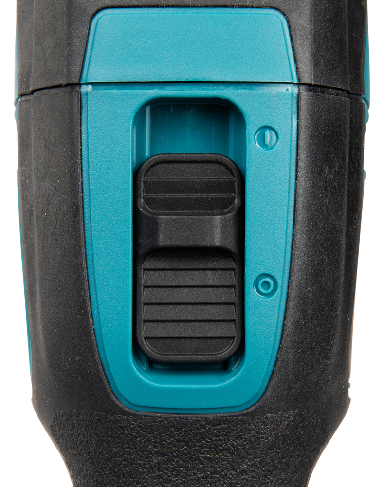 Close-up of a black and teal power tool handle with a textured black sliding switch and two small circular markings on the teal part.