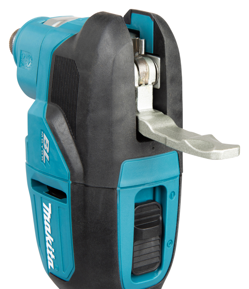A close-up of a blue and black Makita power tool with a metal attachment, highlighting the body, grip, and switch details.