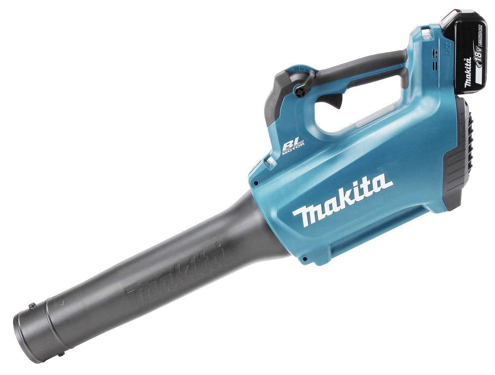 A blue and black Makita cordless leaf blower featuring a long nozzle and a visible rechargeable battery on the handle.