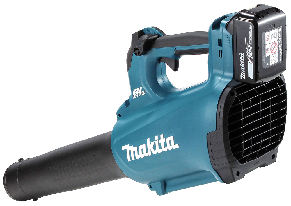 A blue Makita cordless leaf blower with a black nozzle and rechargeable battery attached at the top rear.