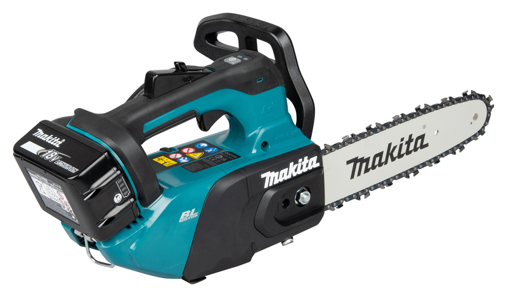 A teal and black Makita cordless chainsaw is shown on a white background, displaying its handle, control buttons, and battery pack.