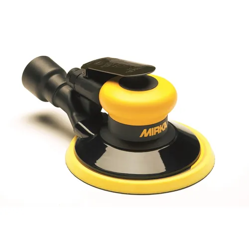 A yellow and black Mirka air sander with a circular sanding pad and black handle on a white background.