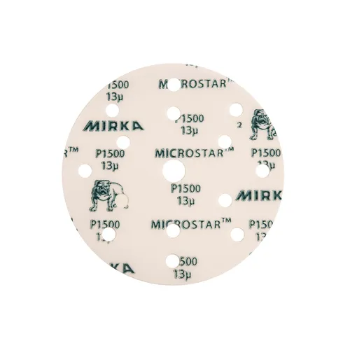 A round, white sandpaper disc with multiple holes and a bulldog graphic, designed for use with a sanding tool.