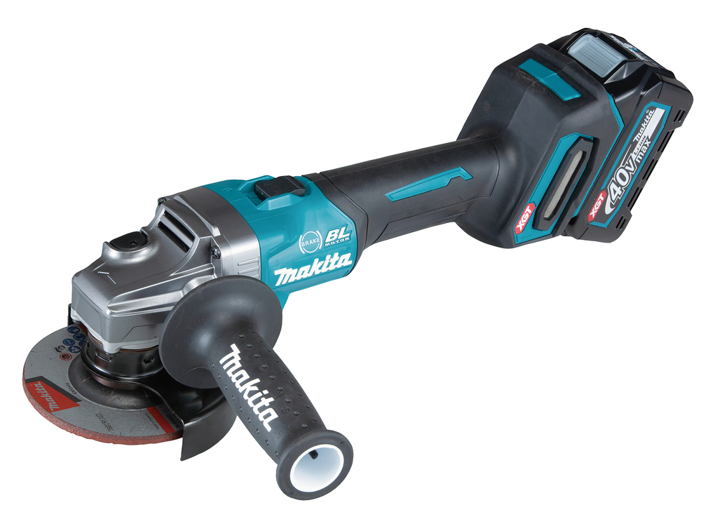A cordless Makita angle grinder with a black and blue body, detachable side handle, circular disc, and 40V lithium-ion battery.