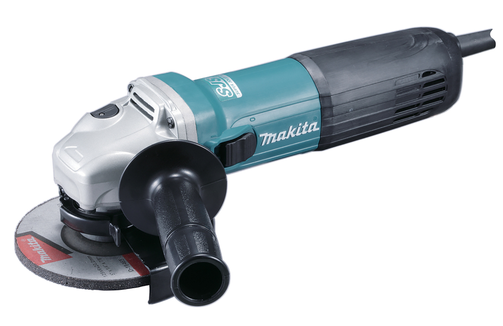 A Makita angle grinder with teal and black body, side handle, and cutting disc, positioned diagonally on a white background.