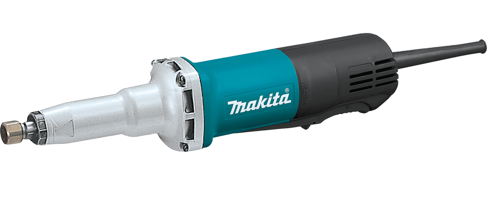 A Makita electric die grinder with a teal and black body, silver metal front, and power lead at the back on a white background.