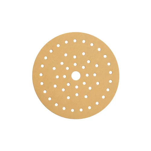 A round, tan sandpaper disc with a large centre hole and smaller holes in concentric circles for attaching to a power sander.