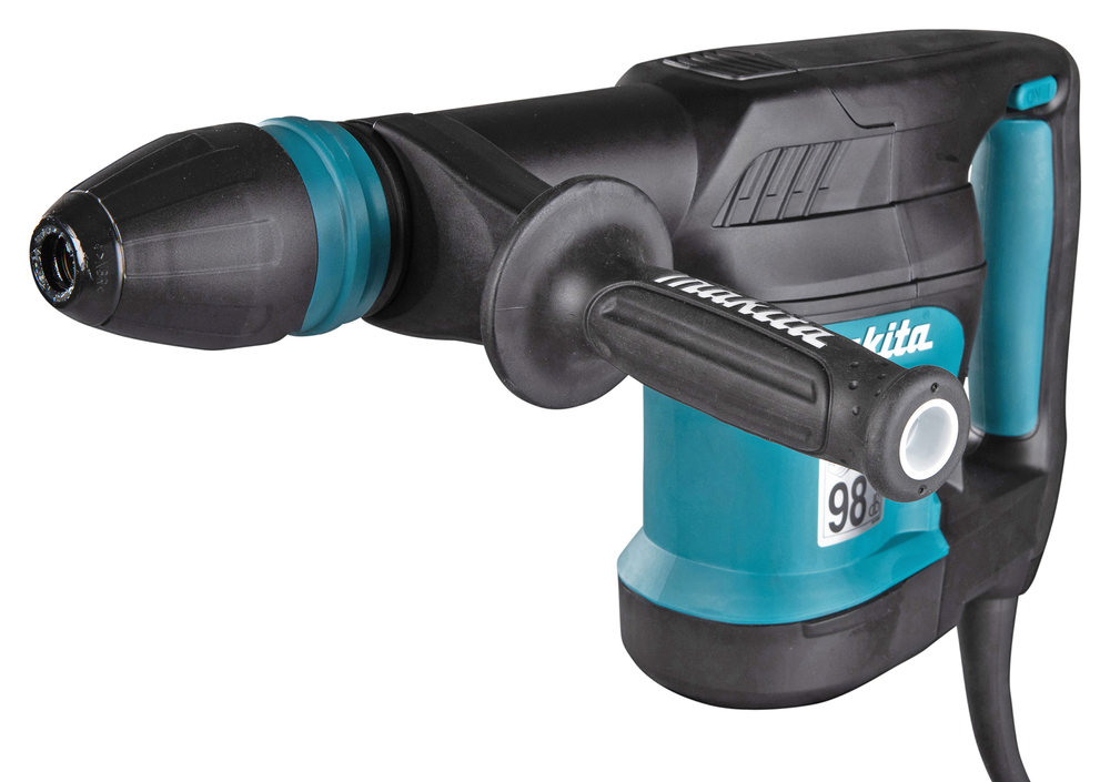A close-up of a Makita rotary hammer drill with its blue and black body, side handle, and power lead against a white background.