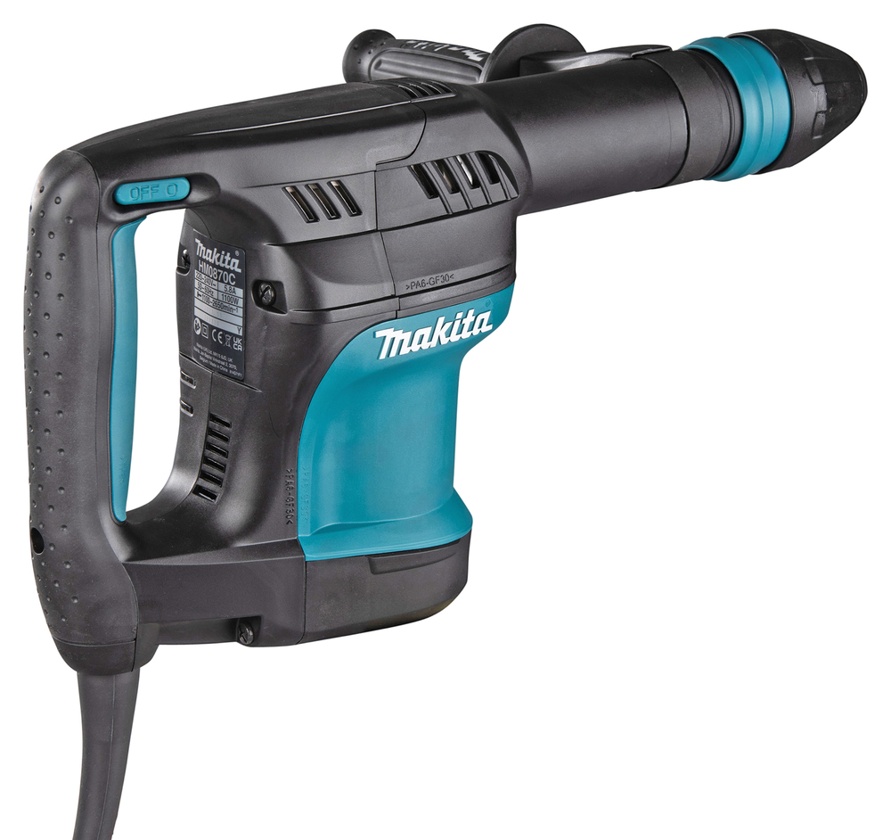 A Makita electric hammer drill in black and teal, side view, with lead attached and visible vents, buttons, and ergonomic grip.