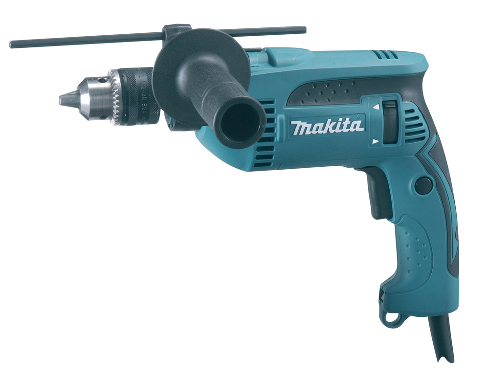 A blue Makita electric power drill with a side handle and adjustable depth rod placed against a plain white background.