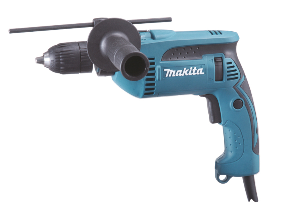 A blue and black Makita electric drill featuring a side handle and depth gauge, displayed on a plain white background.