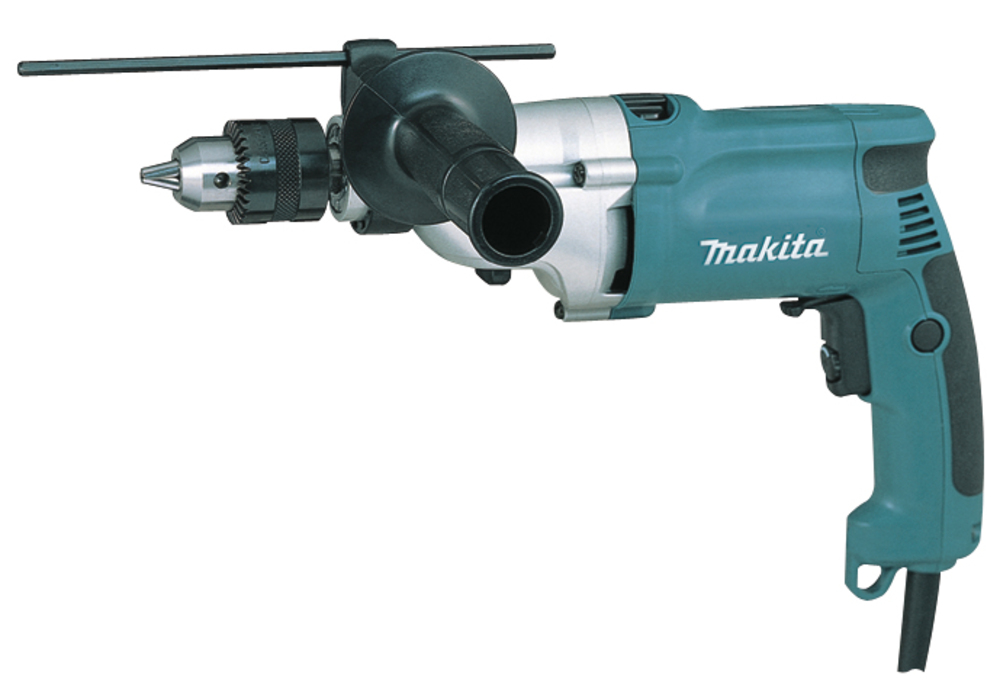 A blue and black Makita electric power drill with a side handle and depth gauge bar, set against a white background.