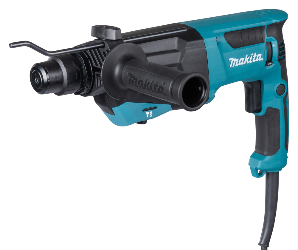A blue and black Makita electric drill with a side handle and power lead, seen from the side against a white background.