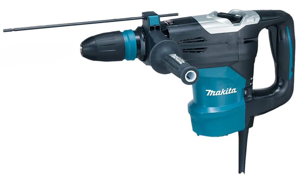 Turquoise and black Makita HR4003C SDS Rotary Demolition Hammer Drill with a side handle and a long depth gauge rod.
