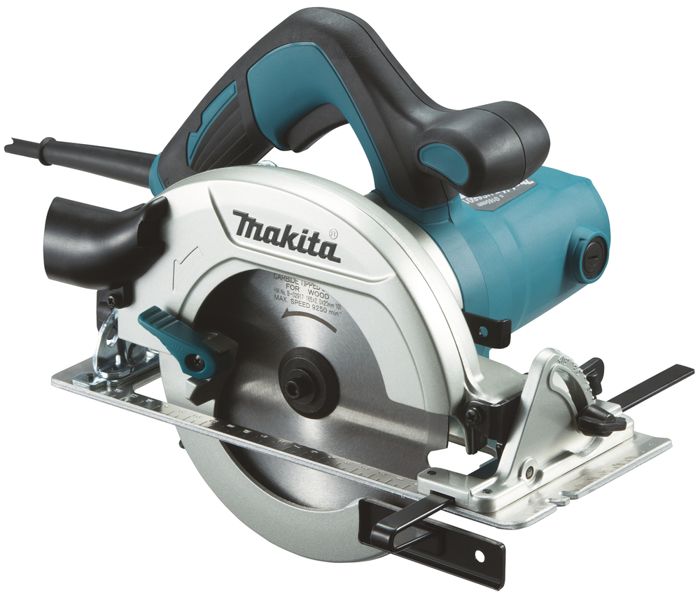 A blue and black Makita circular saw with a silver blade and black handle, resting on a metal base against a white background.