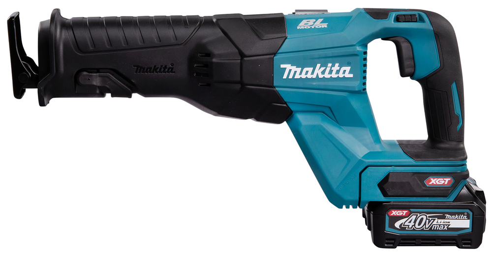A blue and black Makita cordless reciprocating saw with a 40V lithium-ion battery, contoured handle, and visible brand logo.