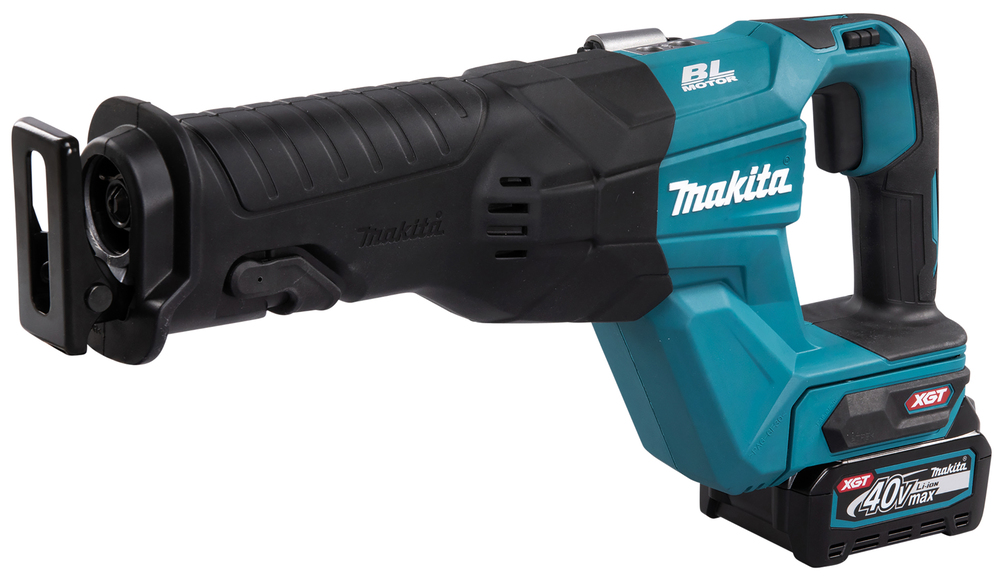 A teal and black cordless Makita reciprocating saw with a 40V max lithium-ion battery, BL motor, and ergonomic grip design.