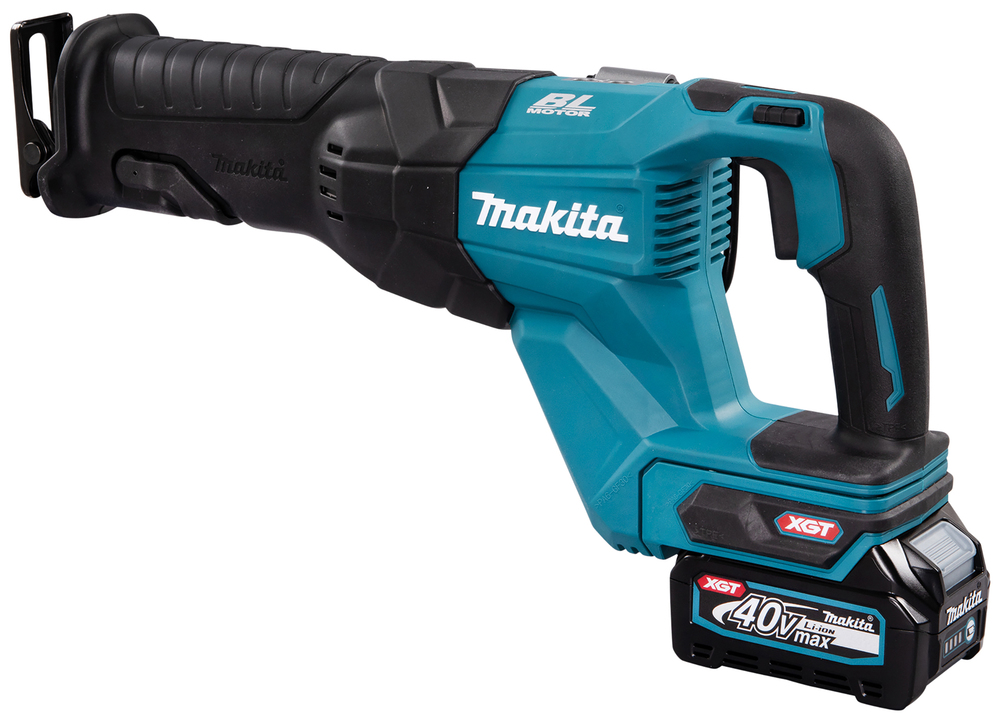 A blue and black Makita cordless reciprocating saw with a 40V max XGT lithium-ion battery pack, BL motor, and ergonomic handle.