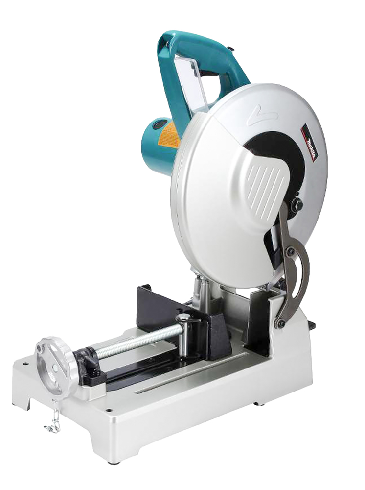 A metal cut-off saw with a circular blade, blue-green handle, and sturdy clamped base for cutting metal or other hard materials.