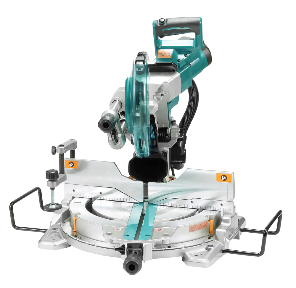 A teal and silver compound mitre saw with an adjustable base and rear handle for precise angled woodworking or construction cuts.