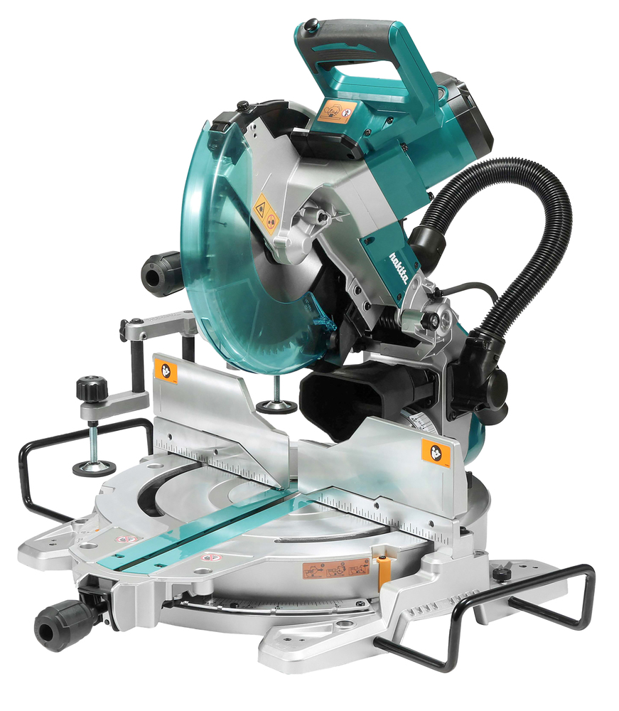 A teal and silver compound mitre saw with a large circular blade, adjustable angles, guide rails, and a dust collection hose.