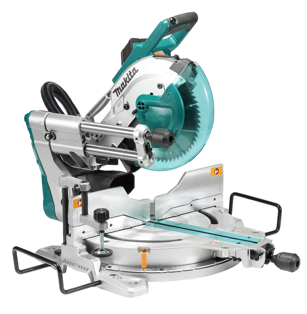 A Makita sliding compound mitre saw in teal and silver with a circular blade, adjustable fence, sliding rails, and angle guides.