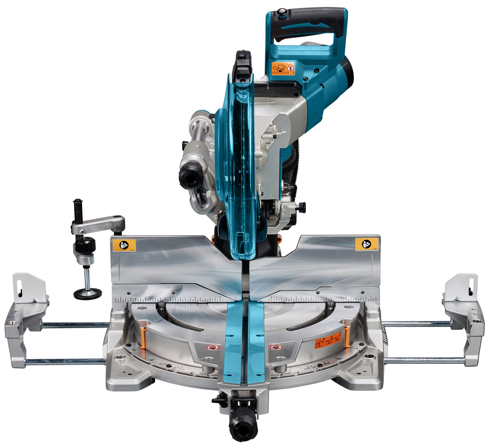 A compound sliding mitre saw with a teal and silver body, on a base with measurement markings, blade guard, knobs, and left clamp.