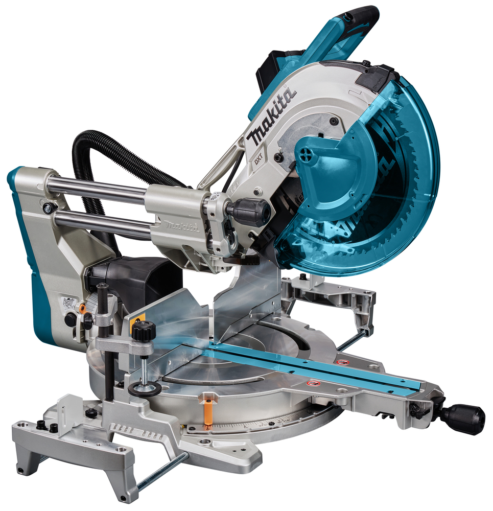 A Makita sliding compound mitre saw with a blue and silver design, featuring the circular blade, adjustable base, handles, and guides.