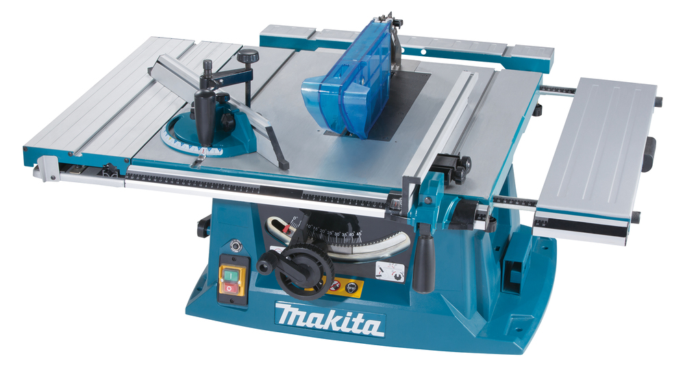 A blue Makita table saw with a circular blade, adjustable fence, mitre gauge, safety guard, and extension wing for precise wood cutting.