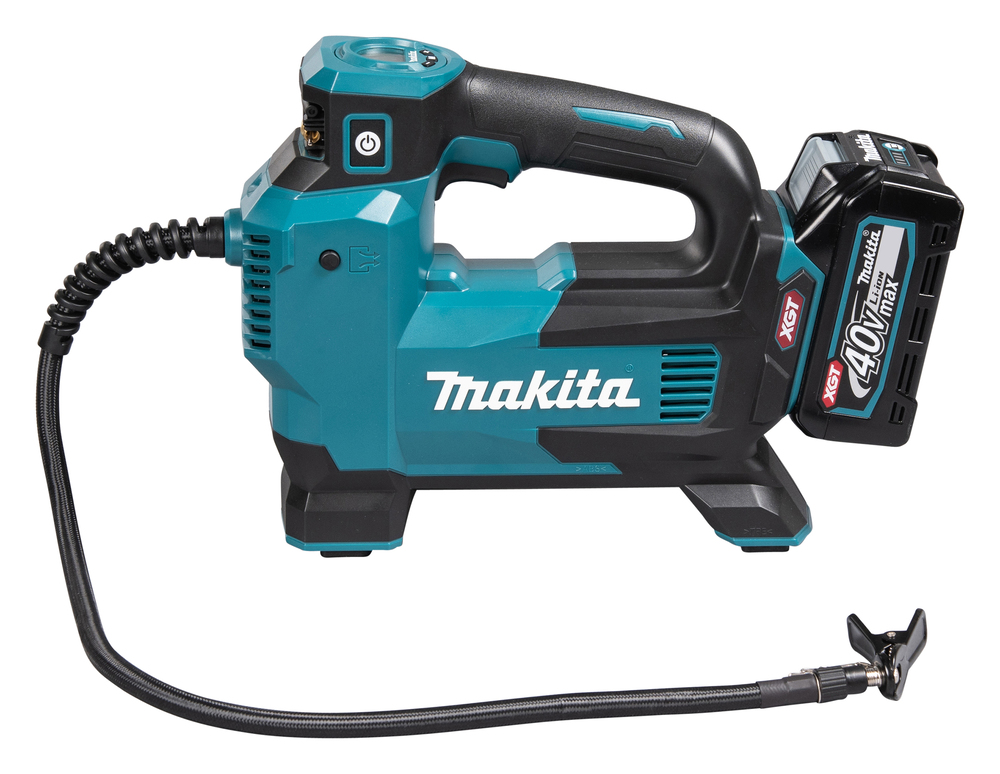 A Makita cordless air inflator with a blue and black body, digital display, flexible hose, and attached 40V lithium-ion battery.