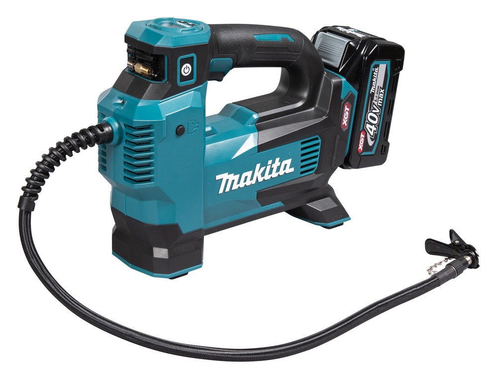 A Makita cordless portable air compressor with a black flexible hose, digital display, and 40V lithium-ion battery at the back.