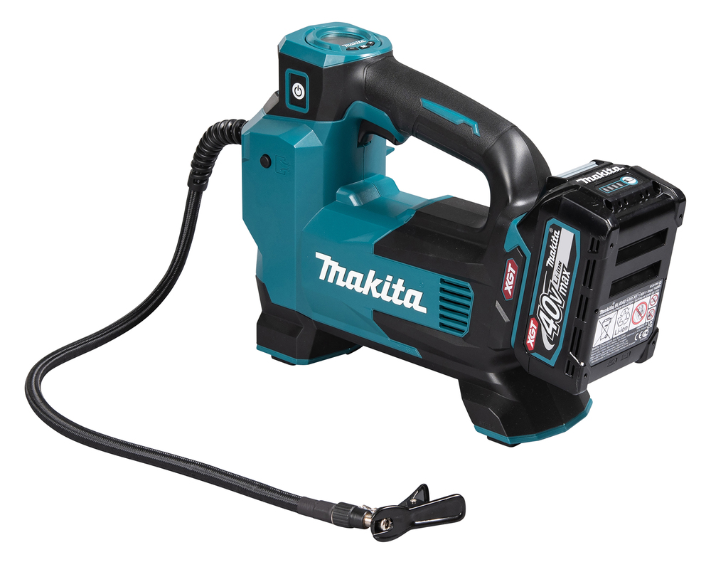 A teal and black Makita cordless air compressor with handle, digital display, hose with clamp, and an 18V 4.0Ah lithium-ion battery.