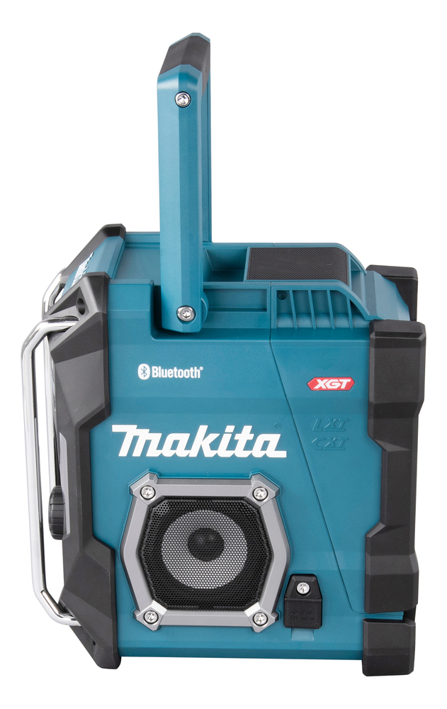 A blue Makita Bluetooth job site radio with a top handle, protective edges, front speaker, control buttons, and visible logo.