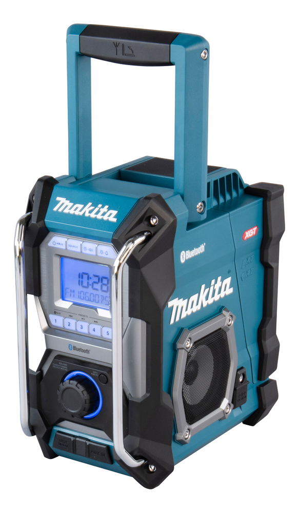 A Makita portable Bluetooth jobsite radio with a digital display, large knob, metal bars, and handle in blue with black and silver accents.
